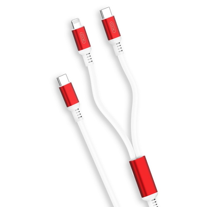 Type-C, adatkábel, töltőkábel, USB-C, iPhone 8pin, lightning - Type-C, 2in1, fehér-piros, 3A 1m, XO NB136