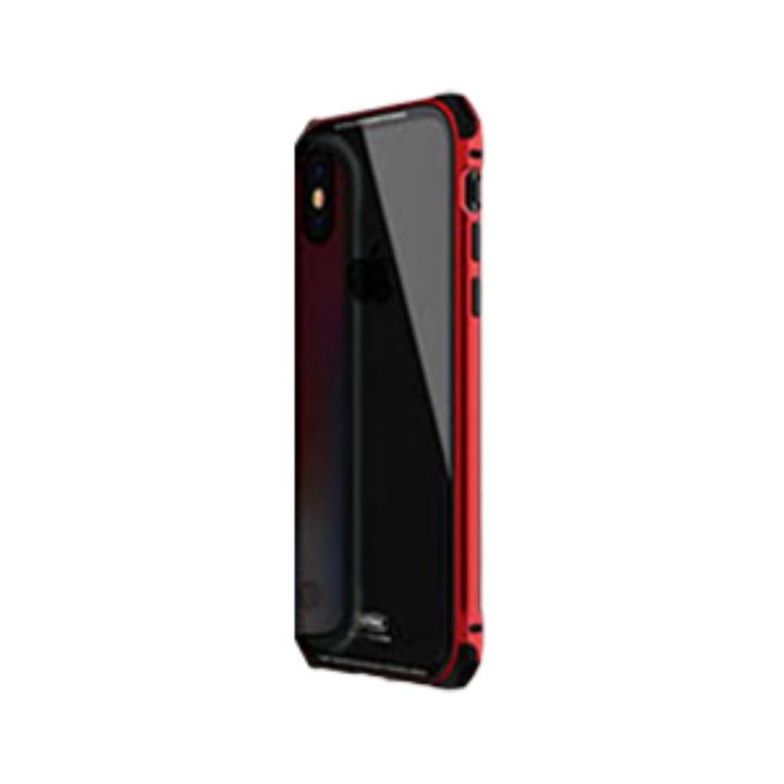 iPhone X / XS kompatibilis hátlaptok, telefon tok, fémkerettel, üveghátlapos, piros, Remax RM-1658