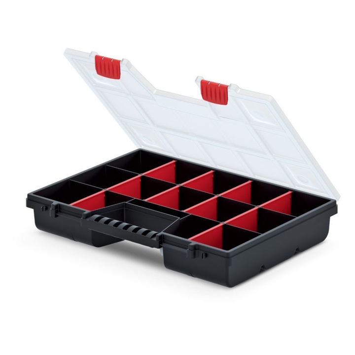 Caliber szerszámosláda rendszerező, bőrönd típusú, átlátszó, 14 rekeszes, 39,9x29x6,5 cm, fekete / piros