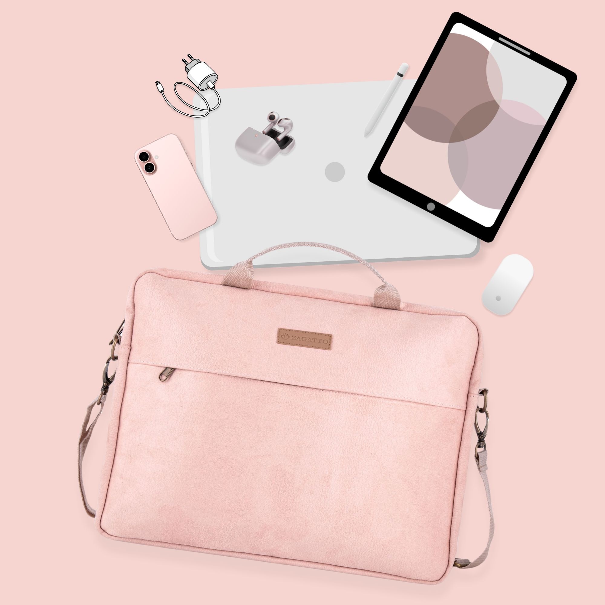 Geanta laptop dama, Zagatto Villa Eco, 15.6", Piele ecologica, 28.5x38.5x5 cm, Roz, Curea cu Velcro, Curea umar detasbila si ajustabila, Buzunar frontal cu fermoar, ZG 614