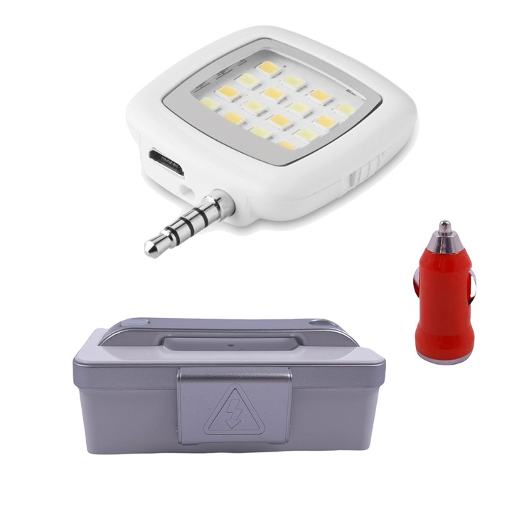 Kit de lumina portabila pentru selfie, JUP, Plastic, cu LED si baterie externa portabila, kit inclus si incarcator auto/ adaptor USB, Alb/Rosu