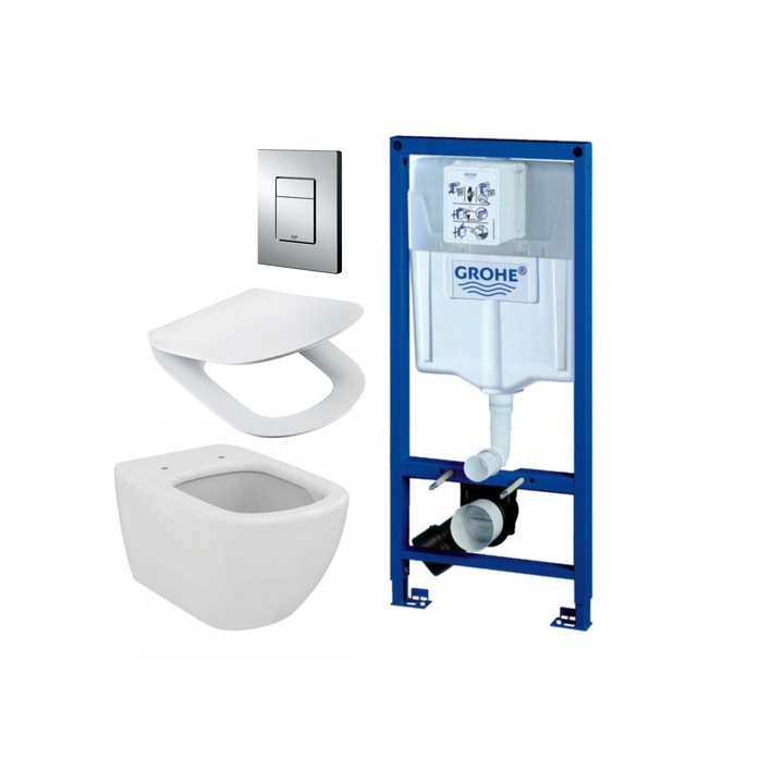 Pachet vas WC Ideal Standard TESI AQUABLADE cu capac slim Ideal Standard si rezervor incastrat Grohe Rapid SL cu clapeta