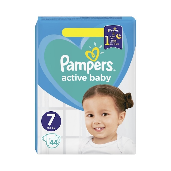 Пелени Pampers Active Baby, размер 7, количество 44 бр., за 15+ кг, с уникален допълнителен слой за допълнителна защита през нощта, бързо попиване на течности