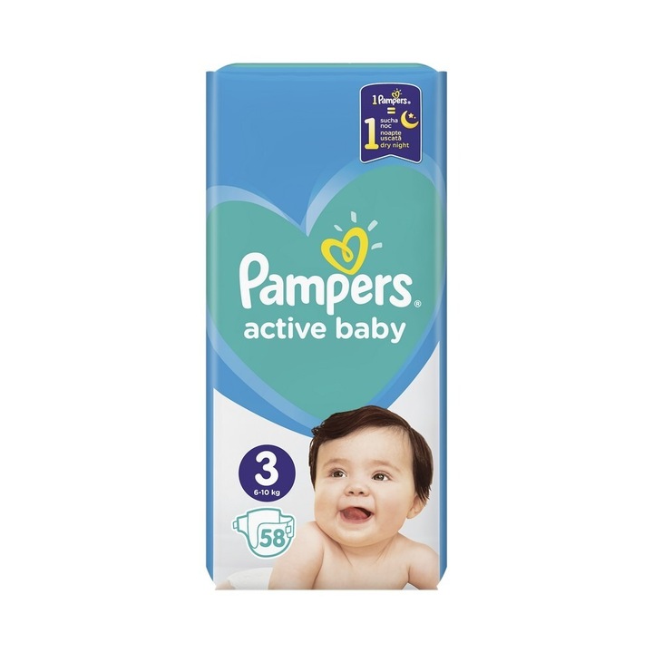 Scutece Pampers Active Baby, marimea 3, cantitate 58 de bucati, pentru 6-10 kg, cu strat aditional unic pentru protectie suplimentara pe timp de noapte, absorbtie rapida a lichidului