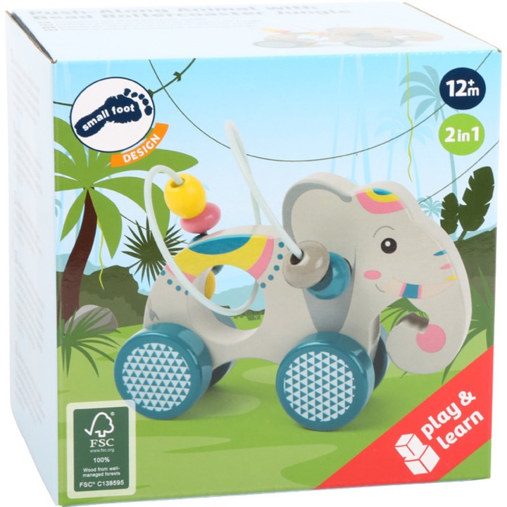 Jucarie de tras, Elefant din lemn FSC® cu labirint de bile, Jungle, Small Foot, 1 an+