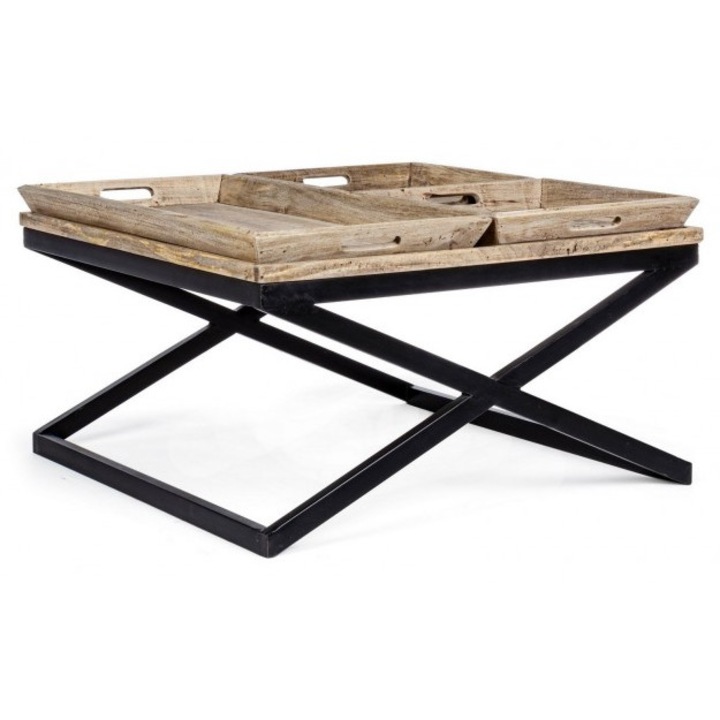 Холна маса Плот от естествено дърво с 3 табли за сервиране Черна желязна рамка Поднос 90 cm x 90 cm x 52 h