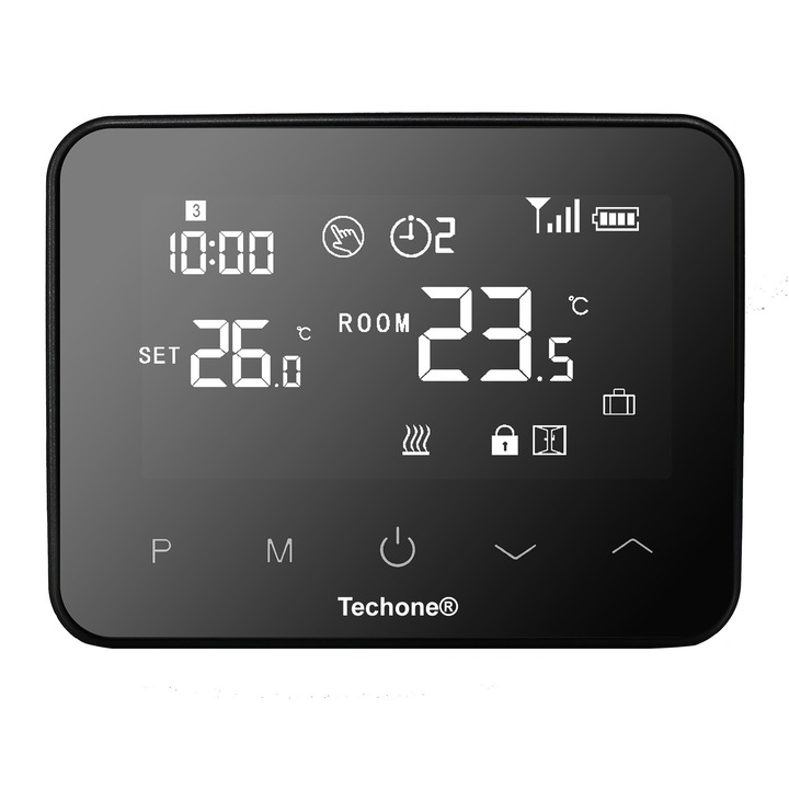 Termostat ambient centrala WIFI Techone® WT-20 Pro, Control aplicatie, Compatibil centrala termica gaz universal, RF Wireless, Alexa si Google Home, Negru