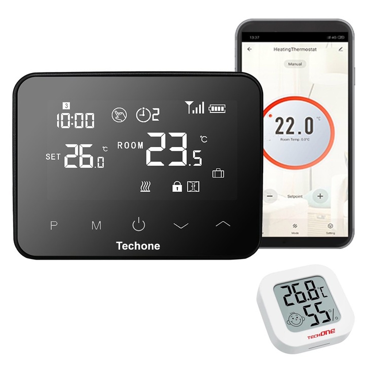 Termostat ambient centrala WIFI Techone® WT-20 Pro, Control aplicatie, Compatibil centrala termica gaz universal, RF Wireless, Alexa si Google Home, Negru