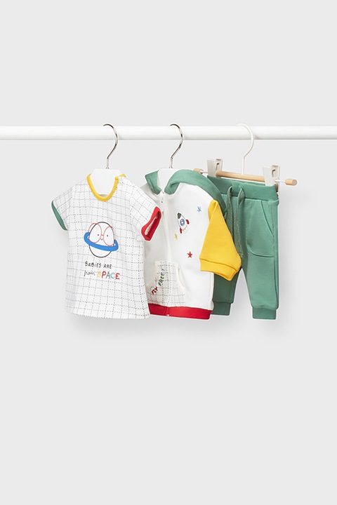 Mayoral, Set de imbracaminte din amestec de bumbac cu model grafic - 3 piese, Alb/Verde feriga/Albastru, 75 CM