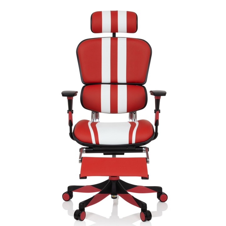 Геймърски стол QMOBILI Mars Ergofit Red and White, микрофибърна кожа, с 2D облегалка за глава, лумбална опора, 3D регулируеми ръце, подвижна седалка, полипропиленова основа и поставка за крака