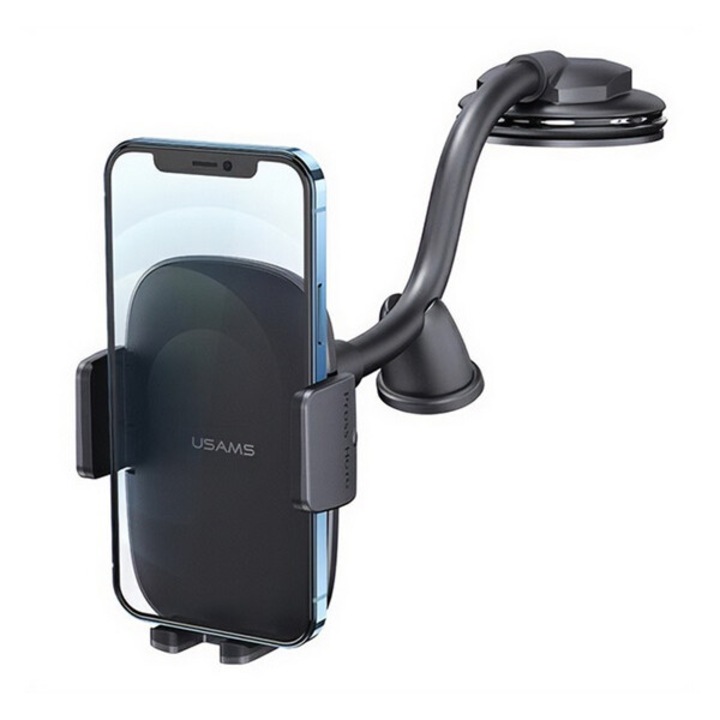Usams autós tartó, műszerfalra, szélvédőre, tapadókorongos, automata, hosszú kar, 4.7-7.2" méret, fekete