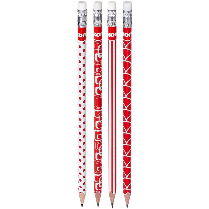 Kores HB grafit ceruzakészlet, piros fehér kivitelben, fehér radírral, 4 db