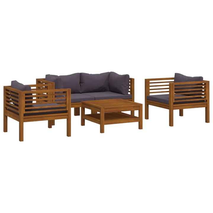 Set mobilier de gradina cu perne vidaXL, 5 piese, lemn masiv acacia, 43.1 kg