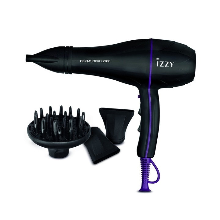 Izzy, Ceramic Pro Hajszárító, 2200 W, 2 sebességfokozat, 3 hőmérséklet beállítás, göndör haj diffúzor, fekete/lila