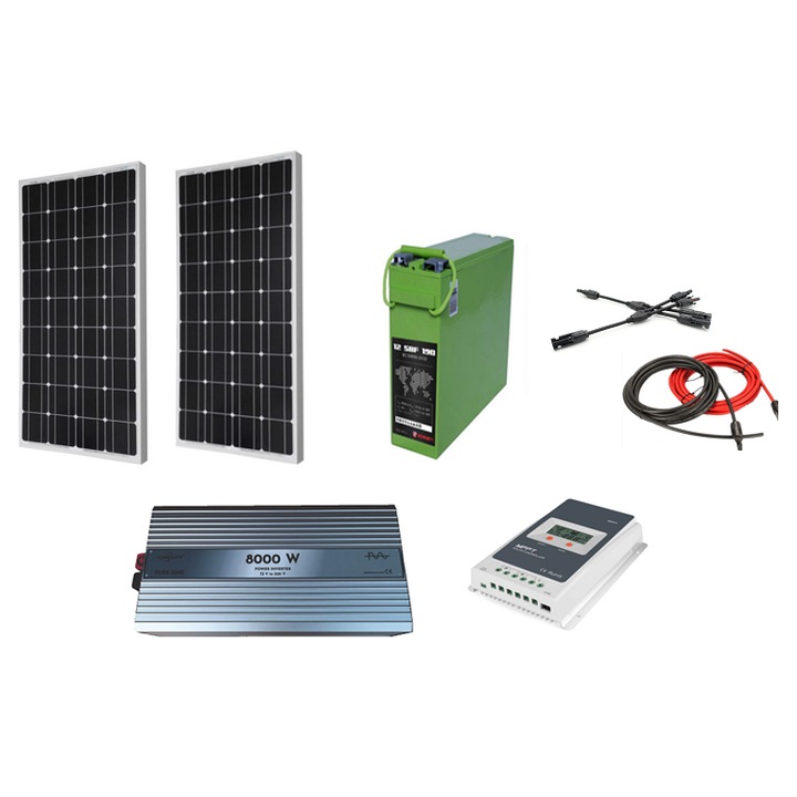 Kit fotovoltaic solar 360 W (2 panouri solare 180 W ) 12 V, regulator/controller solar Epever MPPT 30 A, invertor 8000W, SINUS PUR, baterie solara AGM 190A, Solid Volt