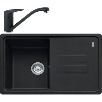Pachet chiuveta bucaatrie Franke BSG 611-78, 78x50cm + Baterie Novara Plus Negru, rotatie pipa 360 grade, racorduri flexibile inox, discuri ceramice, include ventil de 3 1/2”, cleme de fixare, sifon, sistem inchidere ventil