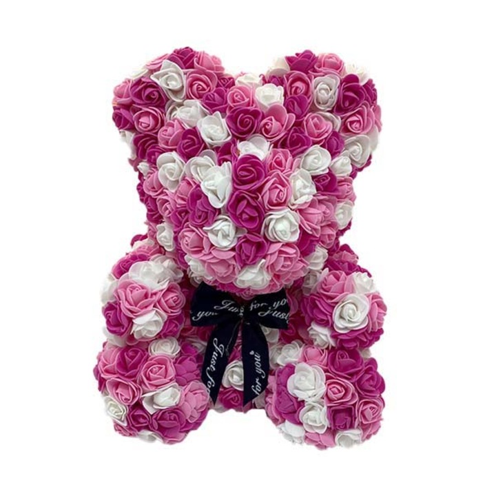 Habrózsákból készült, háromszínű virágos mackó dobozban, rózsaszín/fukszia, 25 cm