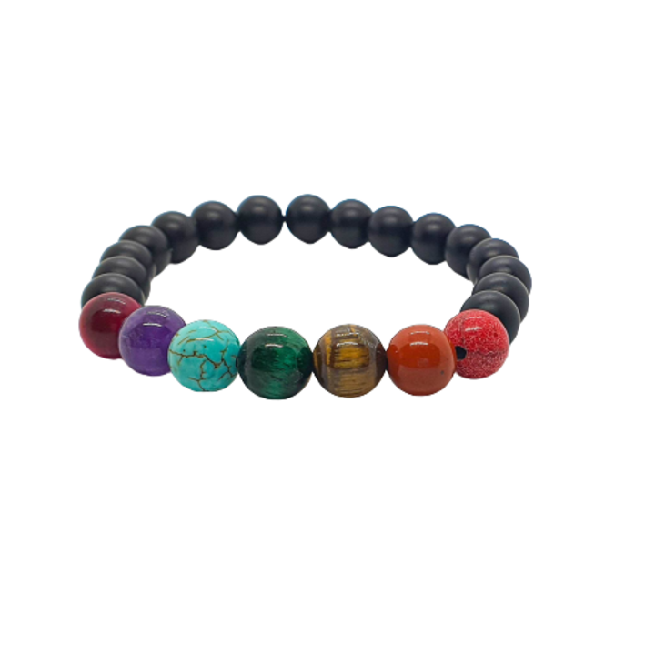 Accesorii Majordom, Bratara Handmade Chakra, Onyx / Jasper / Ochi de tigru / Haolit / Lapis Lazuli , 18,5 cm