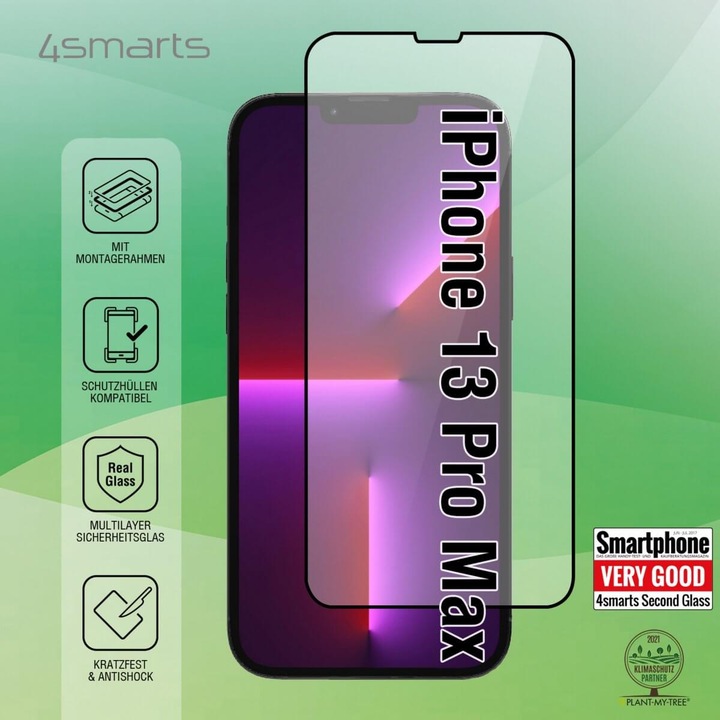 4smarts Second Glass X-Pro Full Cover Glass - калено стъклено защитно покритие за дисплея на iPhone 13 Pro Max (черен-прозрачен)