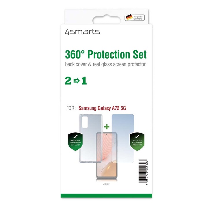 4smarts 360° Protection Set - тънък силиконов кейс и стъклено защитно покритие за дисплея на Samsung Galaxy A72 5G (прозрачен)