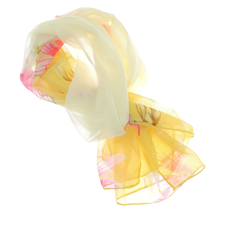 Esarfa, de dama, Buticcochet, din poliester, Galben cu imprimeu floral, 150x50 cm - ES1001