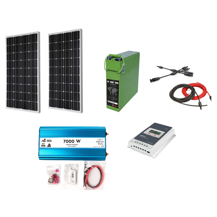Kit fotovoltaic solar sistem 360 W (2 panouri solare 180 W )12 V, regulator/controller solar Epever MPPT 30 A, invertor 7000W, SINUS PUR, baterie solara AGM 190A, Solid Volt