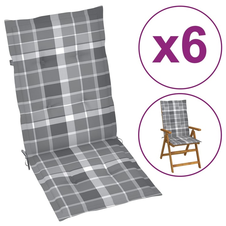 Възглавници за градински стол vidaXL, 6 бр, сиво каре, 120x50x3 см, плат, 2.42 Kg