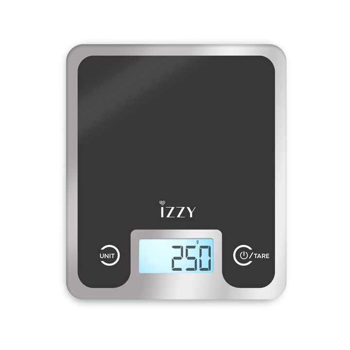 Cantar de bucatarie Izzy, afisaj LCD, functie tara, 10 kg, argintiu