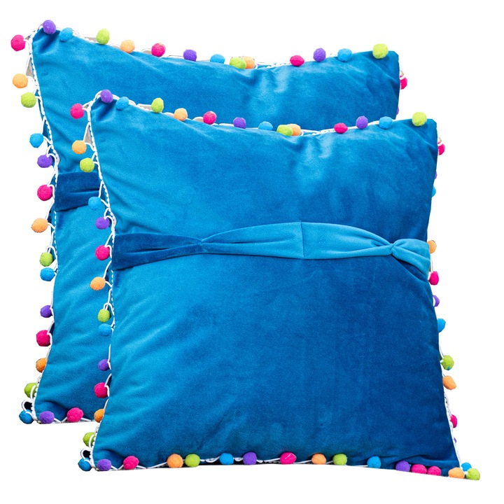 Комплект от две декоративни възглавници с подвижна предна част Hiko Comfy тюркоазено синьо кадифе с цветни помпони 2x40x40см
