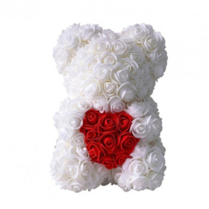 Ursulet floral din trandafiri de sapun Teddy Bear in Love, alb cu inima rosie, in cutie cadou, 25 cm