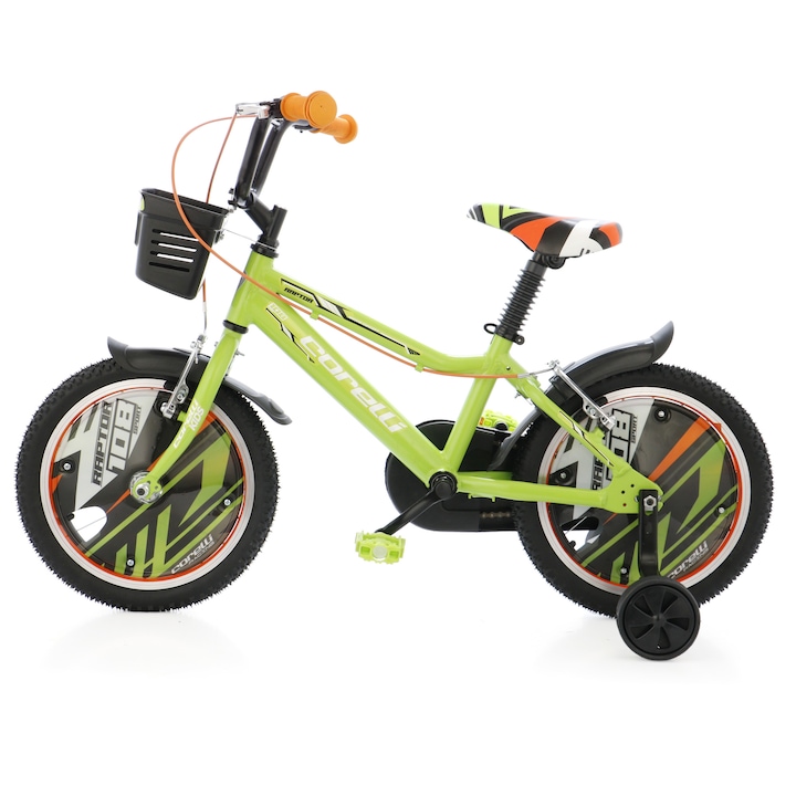 Детски велосипед Corelli Raptor 16", Single-speed, Зелен/Черен/Бял, Включени аксесоари