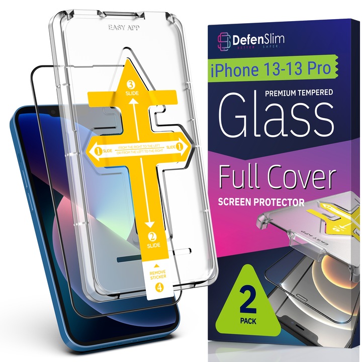 Set 2 Folii sticla pentru iPhone 13 / 13 Pro, Full Cover 3D, DefenSlim, instalare usoara si rapida cu dispozitiv de potrivire automata in 30 sec cu Easy Install Kit patentat, protectie telefon