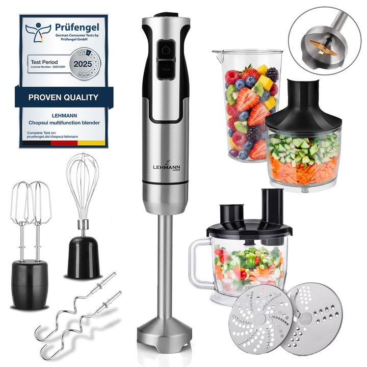 Mixer vertical Bosch ErgoMaster MSM4B621, 1000 W, cutit 4 lame si functie antisplash, picior mixare otel inoxidabil, tel din otel inoxidabil, pahar masurare, aparat de maruntit, negru/antracit