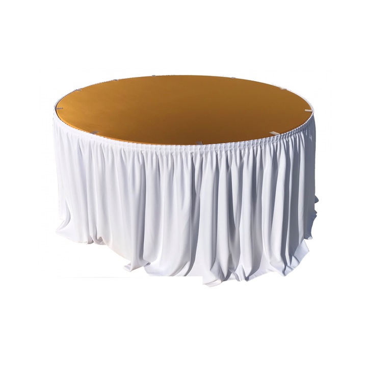 Set pentru catering, evenimente, masa plianta rotunda CULINARO 180xh74cm, fusta de masa alba, capac elastic auriu