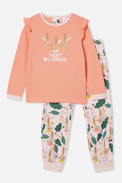 Cotton On, Дълга пижама с фигурален десен, Зелен/Розово-оранжев