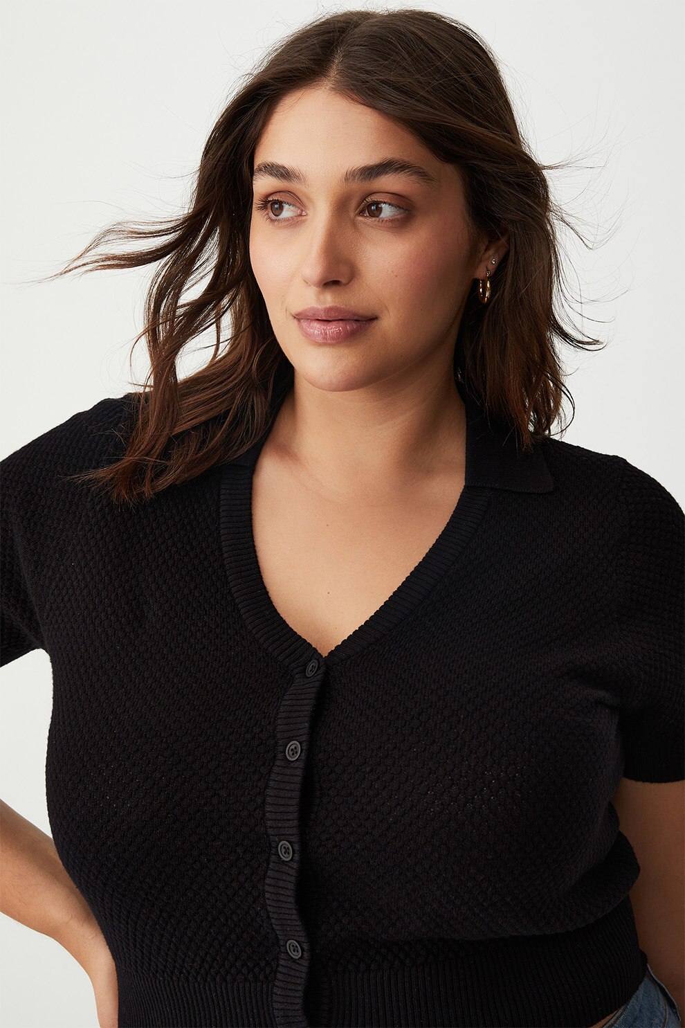 Cotton On, Cardigan crop cu nasturi, Negru, 18 eMAG.ro