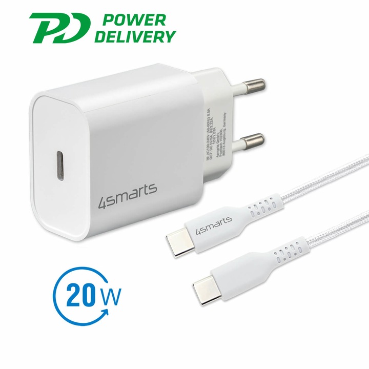 4smarts Wall Charger VoltPlug PD 20W - захранване за ел. мрежа с USB-C изход и USB-C към USB-C кабел (бял)
