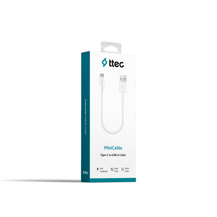 Кабел ttec Mini cable 30cm Type C USB Charge Data, White