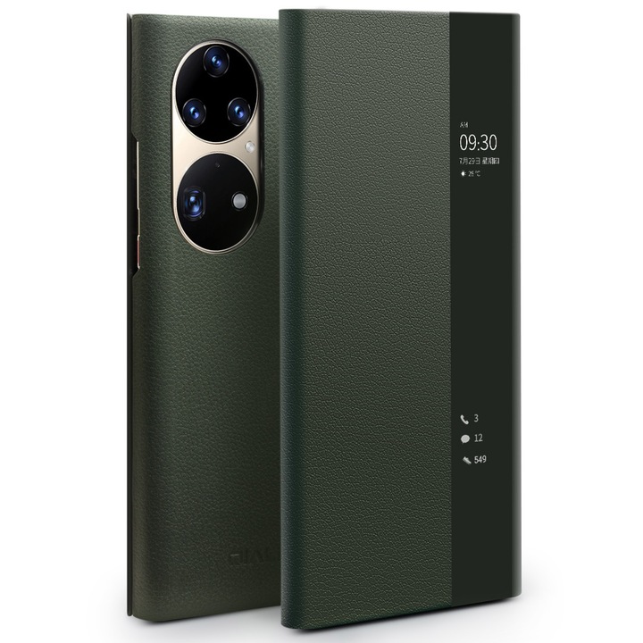 Husa pentru Huawei P50 Pro, smart cover, slim din piele naturala, Qialino Smart Luxury, culoare Cyan