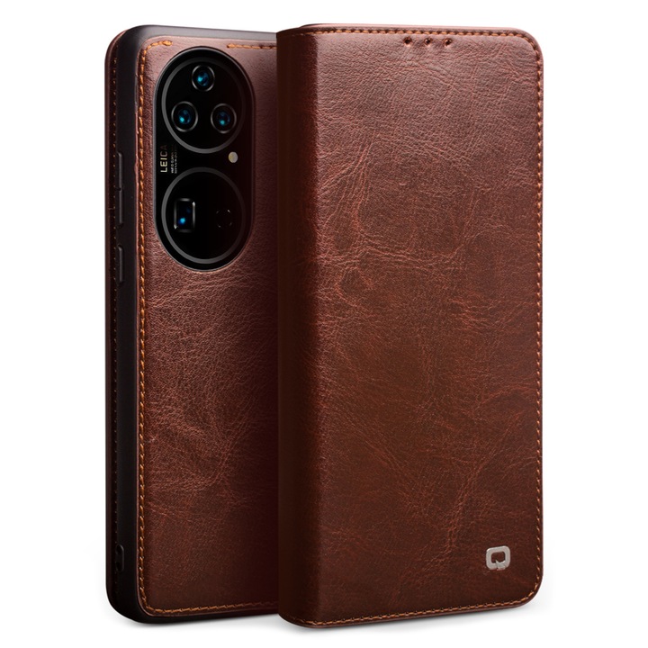 Husa pentru Huawei P50 Pro, din piele fina tip carte, cu buzunare card si bani, stand, Qialino Classic Wallet, culoare Maro Coffee