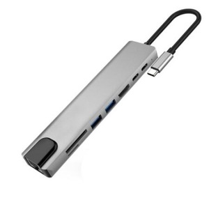 Hub USB C 8n1, Ethernet/HDMI/CardSD/CardTF/USB-A/USB-C/PD, Compatibilitate universala, Argintiu