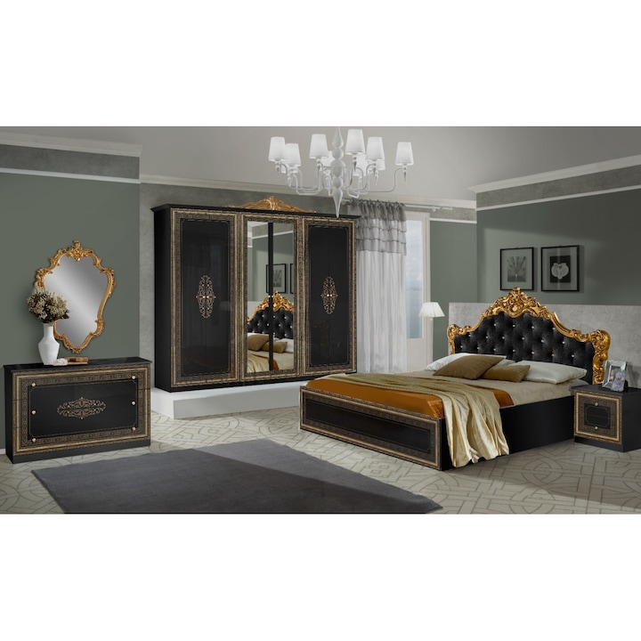 Set dormitor italian clasic, Anette, pal lucios, negru, pat, dulap, comoda, noptiere