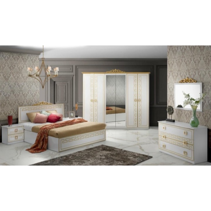 Dormitor italian clasic, pal lucios, alb cu detalii aurii Olimp, 160x200cm