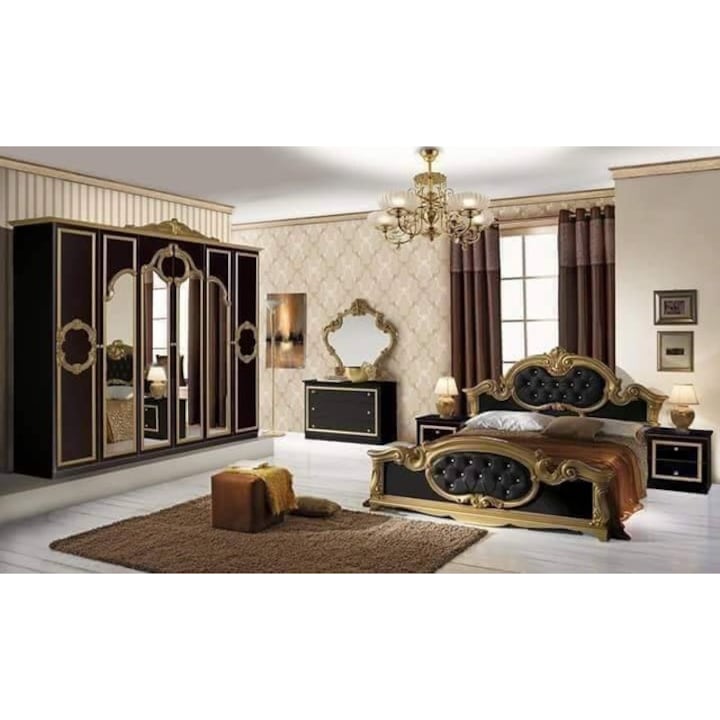 Dormitor italian clasic, pal lucios, negru cu detalii aurii Baroco, format din dulap, noptiere, comoda cu oglinda, pat 160x200cm