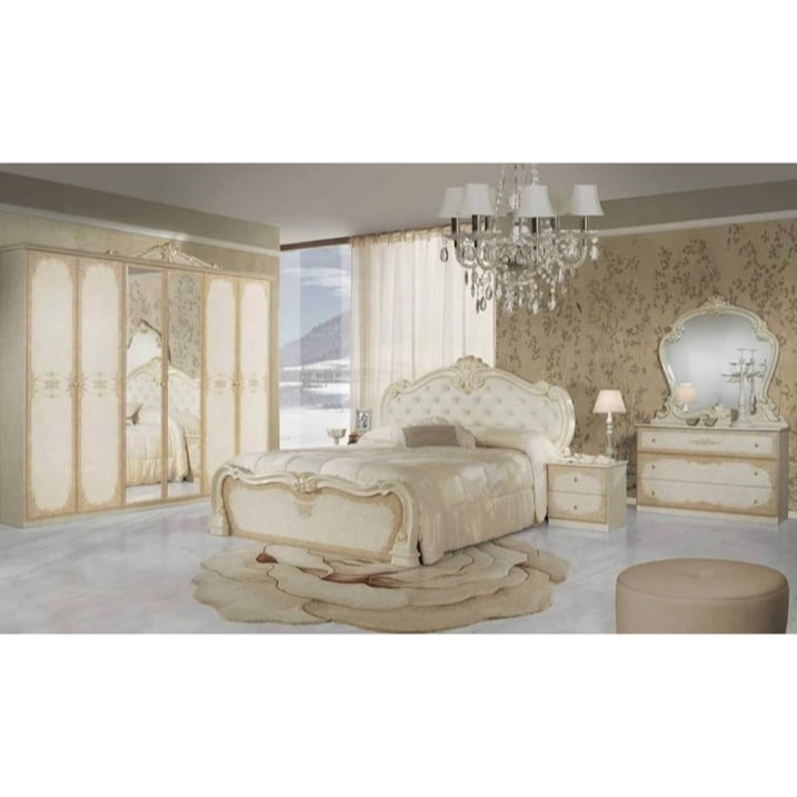 Dormitor italian clasic, pal lucios, bej cu detalii maro Toulouse, format din dulap, noptiere, comoda cu oglinda, pat 160x200cm