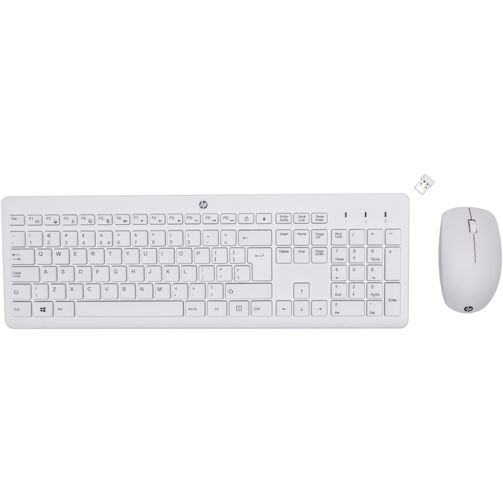 Комплект безжични мишка и клавиатура HP 230, dongle USB 2,4GHz, клавиатура с елегантен дизайн, chiclet бутони, мишка с 1600 DPI и 3 бутона, макс. 16 месеца (фиксирани)/12 месеца (меки), включени батерии 2 x AAA, 1 x AA, бели