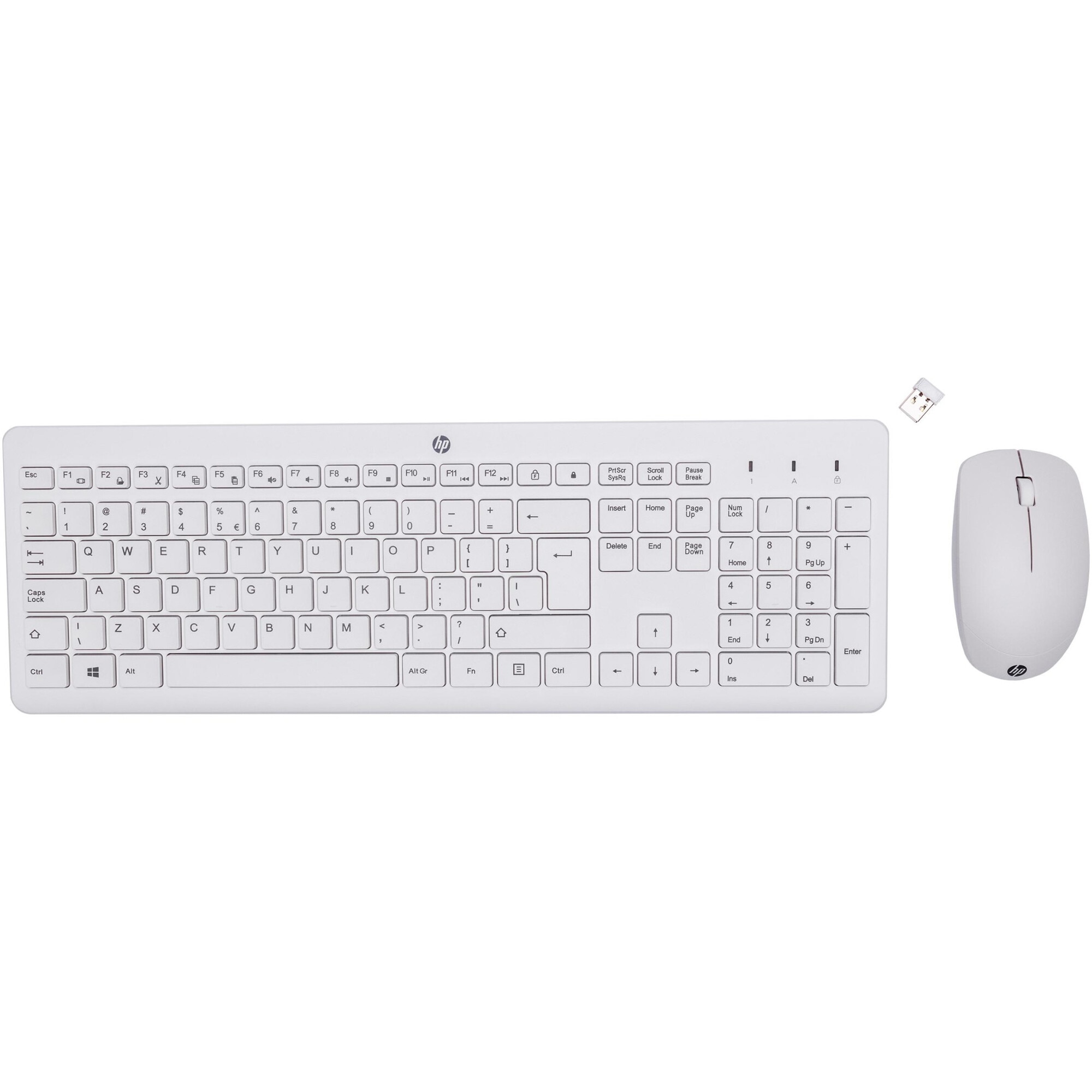 Kit wireless tastatura si mouse HP 230, dongle USB 2,4GHz, tastatura cu design elegant, taste chiclet, mouse cu 1600 DPI si 3 butoane, autonomie max. 16 luni (tas.)/12 luni (mou.), baterii incluse 2 x AAA, 1 x AA, alb