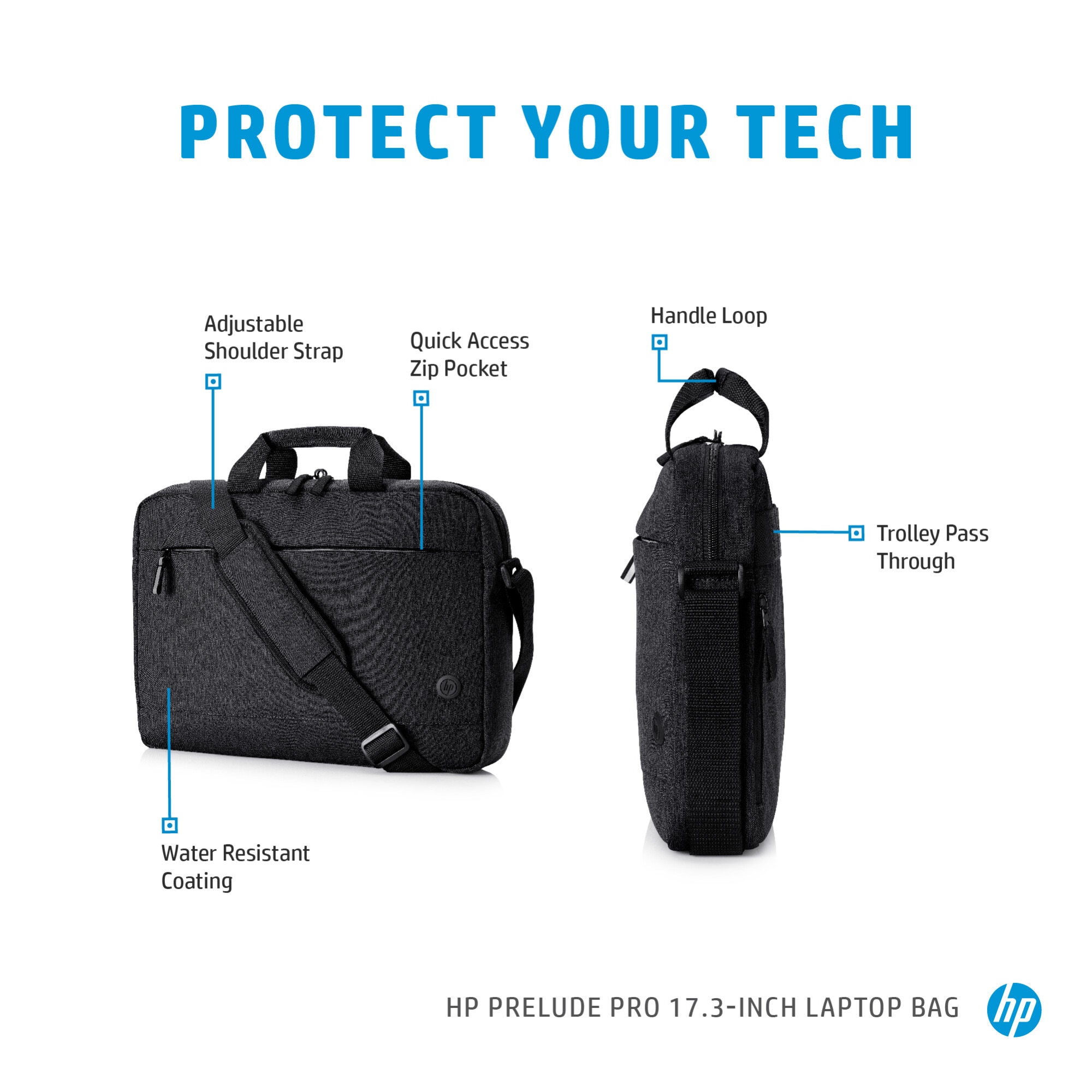 Geanta laptop HP Prelude Pro, 17,3 inch, realizata 65% din materiale reciclate, rezistenta la apa, curea de umar captusita, negru