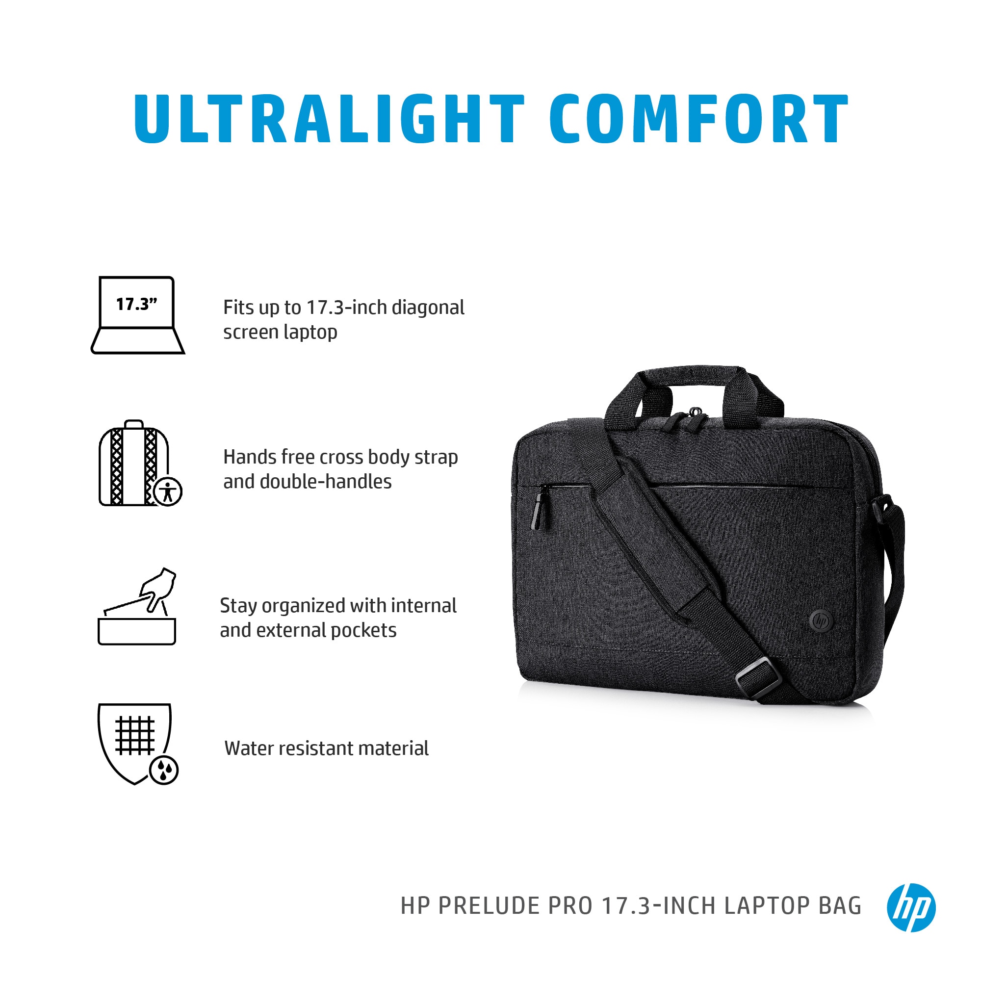 Geanta laptop HP Prelude Pro, 17,3 inch, realizata 65% din materiale reciclate, rezistenta la apa, curea de umar captusita, negru