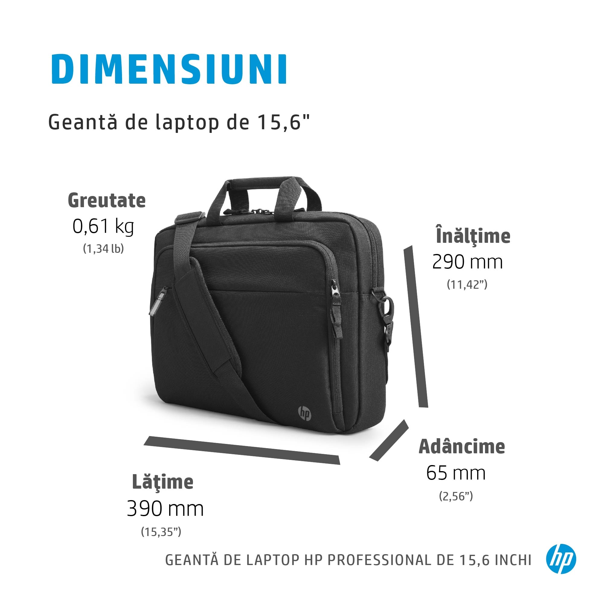 Geanta laptop HP Professional Renew Business, 15,6 inch, realizata 100% din materiale reciclate, buzunar RFID protectie carduri, buzunar pentru Bluetooth tracker, negru
